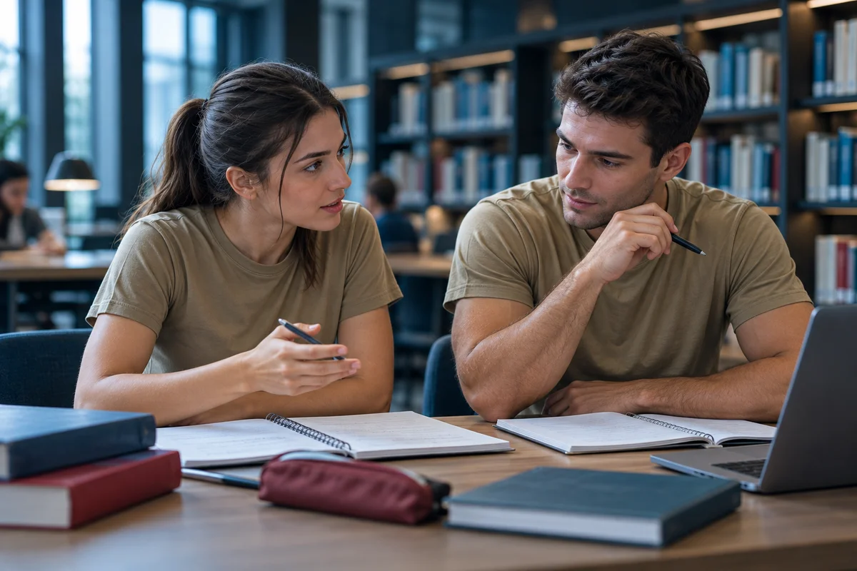 Dos estudiantes compartiendo una sesión de preparación en una biblioteca