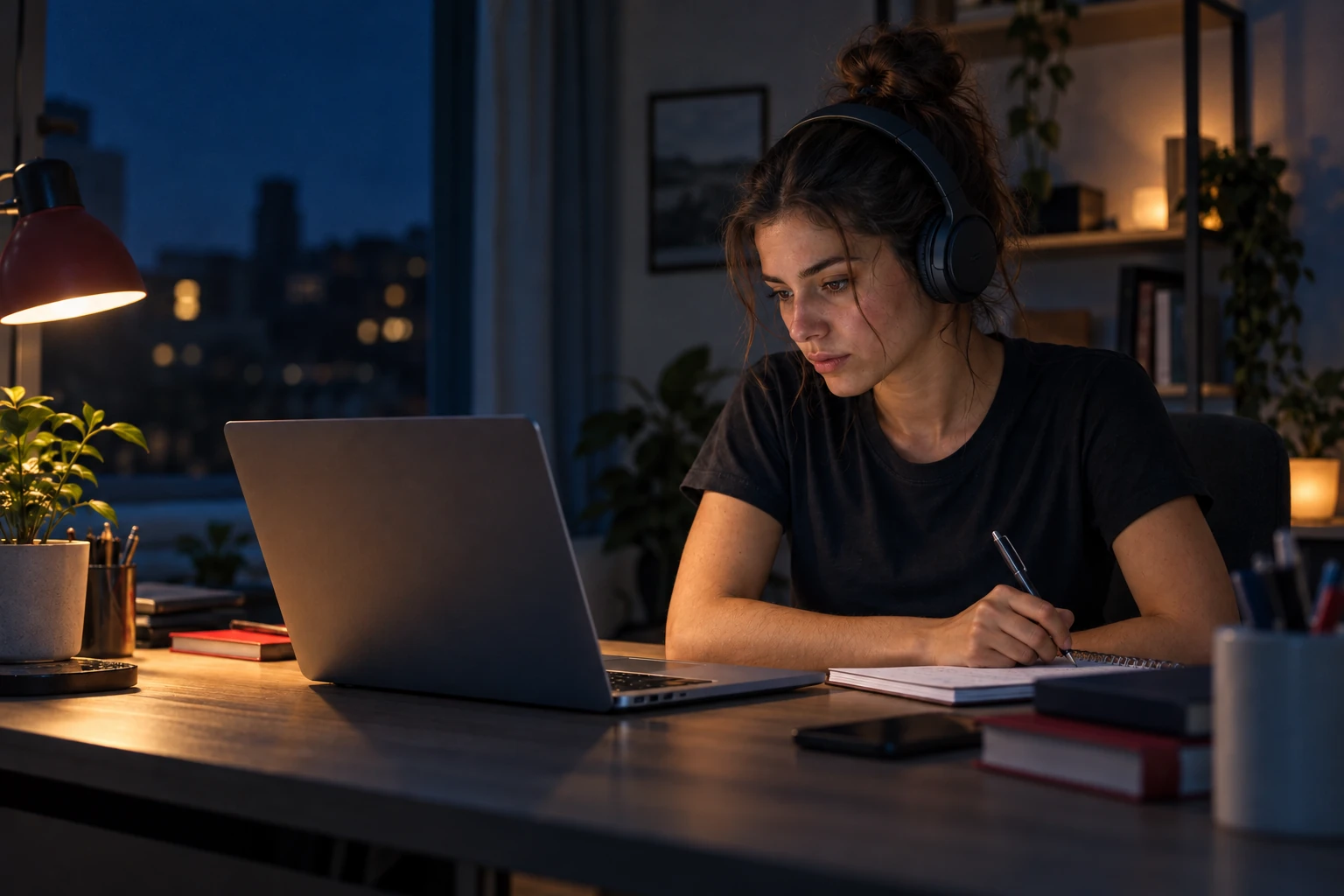 Alumna siguiendo su formación online con auriculares y tomando notas