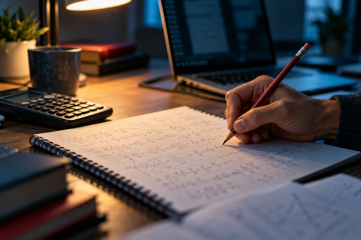 Cuaderno de ejercicios, calculadora y portátil durante una sesión de estudio